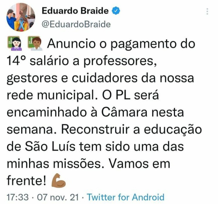 Braide anuncia Projeto de Lei que prevê 14° salário para profissionais da educação&nbsp;municipal