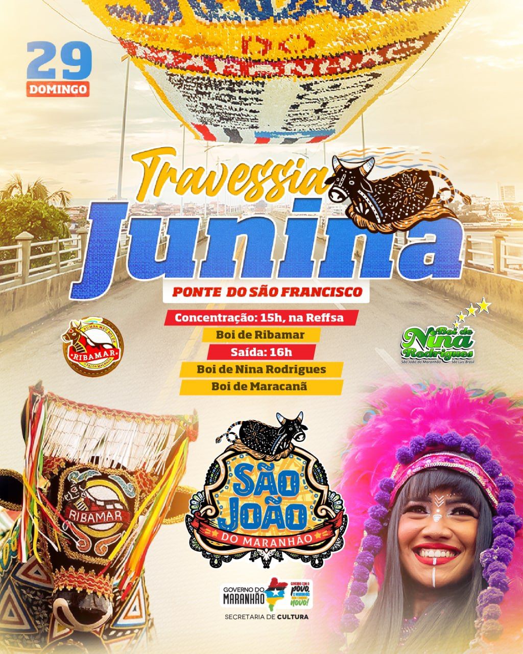 Grupos de bumba meu boi invadem a Ponte José Sarney neste domingo&nbsp;(29)
