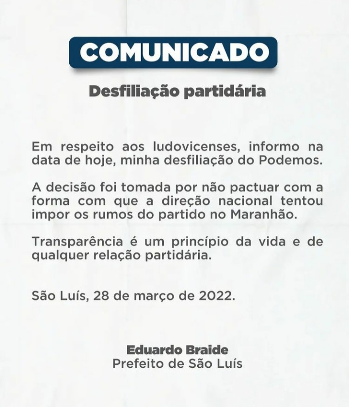 Eduardo Braide anuncia desfiliação do&nbsp;Podemos